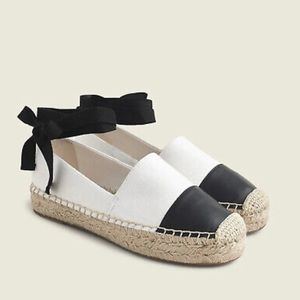 NEW J Crew Black & White Cap Toe Canvas Espadrille Lace-Up Flats